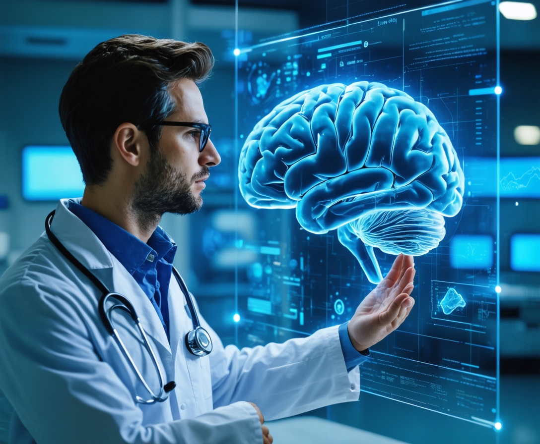 Врач в белом халате изучает сложную цифровую голограмму данных пациента