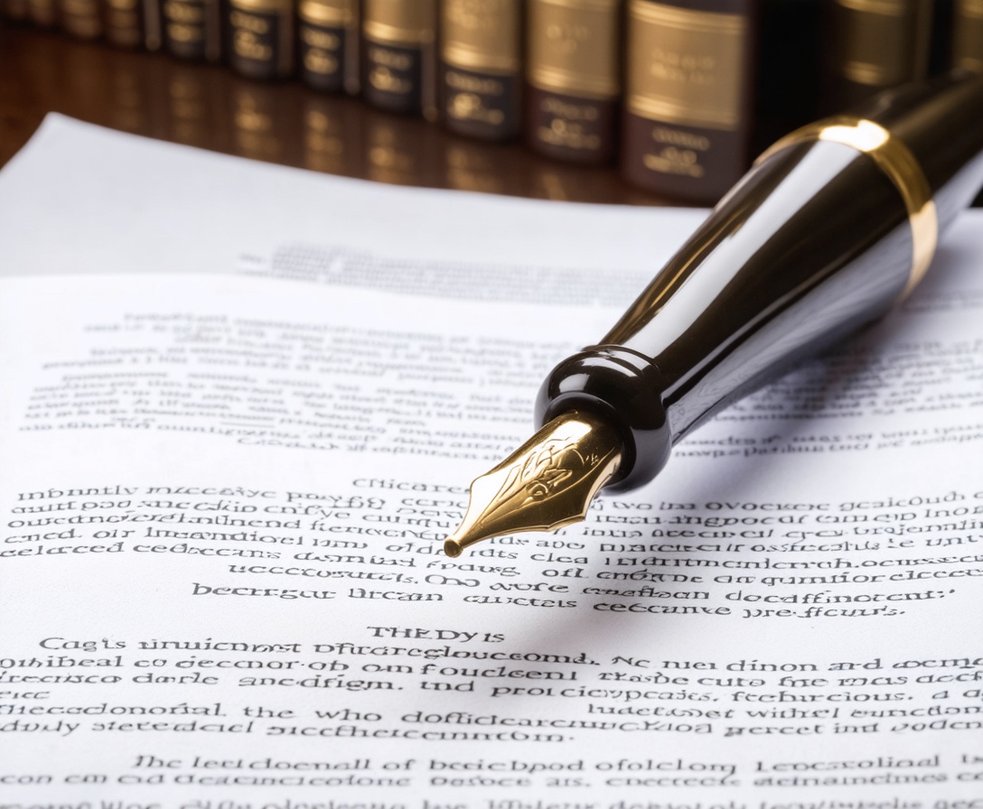 Юридические документы и перо на столе в офисе