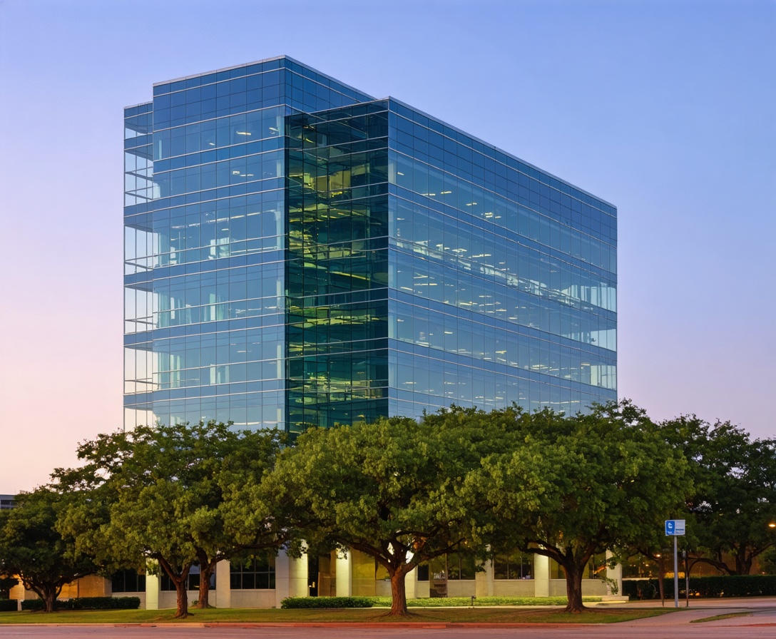 Современное стеклянное офисное здание в Остине, Техас, на закате